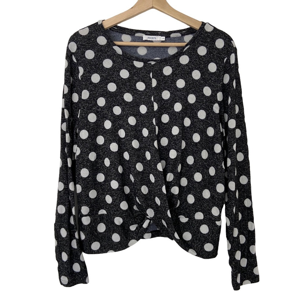 RICKIS BLACK/WHITE LONG SLEEVED POLKA DOT SWEATER WITH TWIST WAIST DETAIL, LARGE - Picture 1 of 6